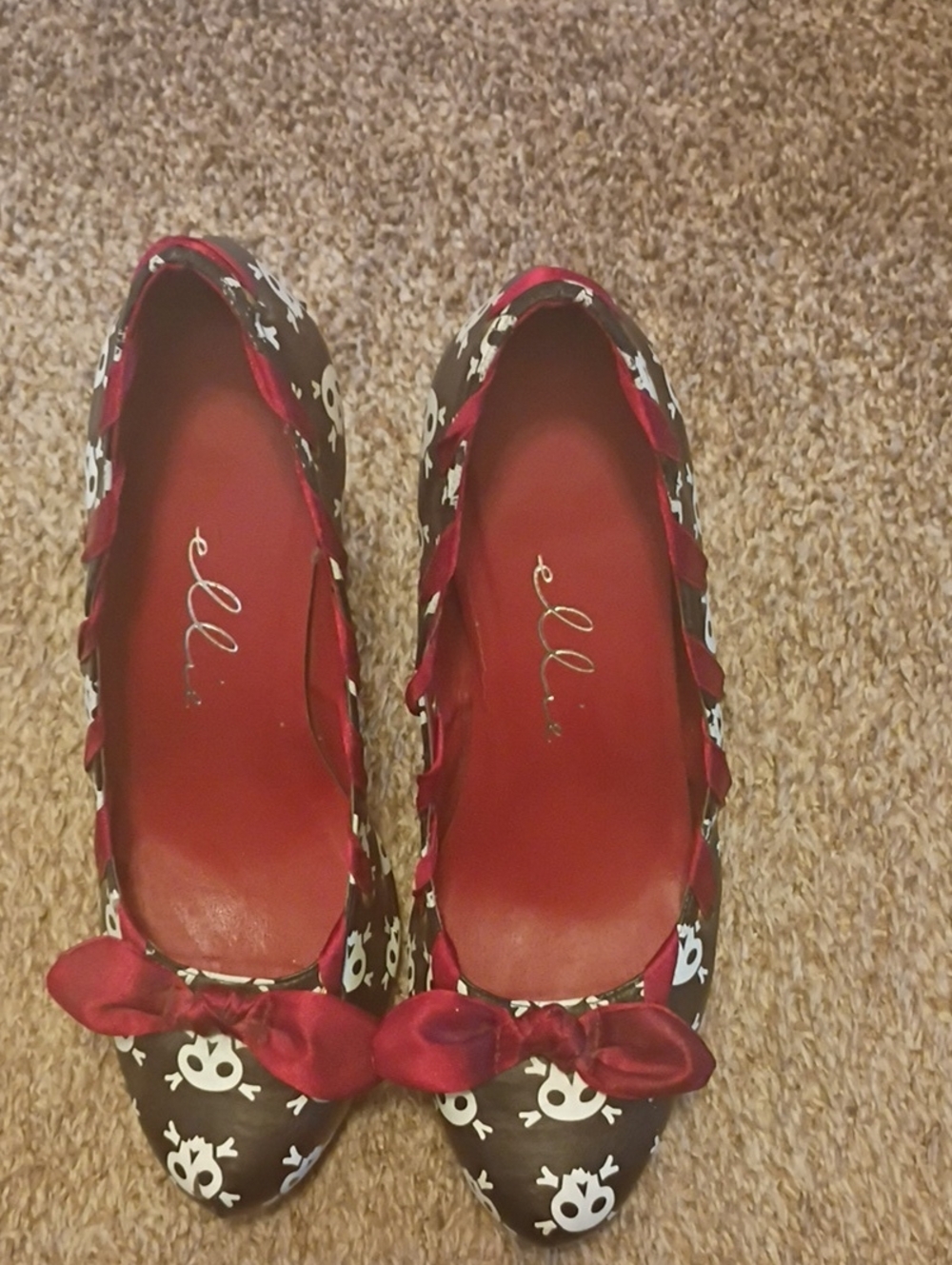 Elle Black Floral Ballet Flats with Red Trim and Bow